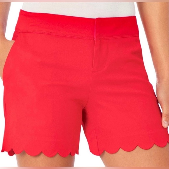 Isaac Mizrahi Scalloped Hem Mid Rise Red Cotton Blend Chino Shorts 10 - Picture 1 of 11